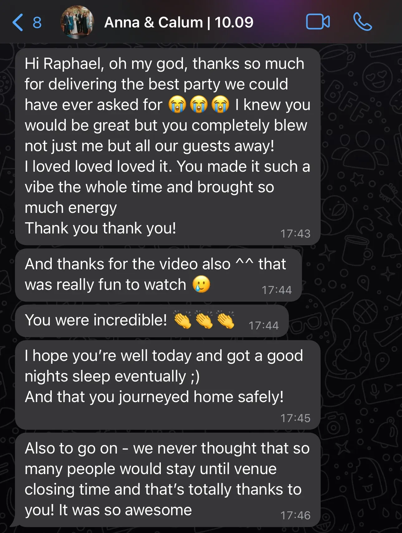 WhatsApp message from Anna & Calum